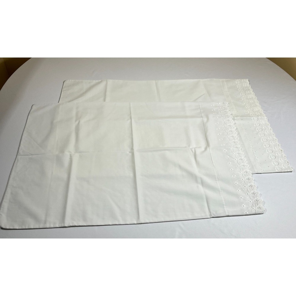 Vintage White Eyelet Lace Trim Pillowcases Set of 2 Standard Cottagecore